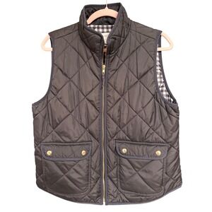 J Crew Quilted Vest Black Gingham Lining Zip Pockets Women's Size L